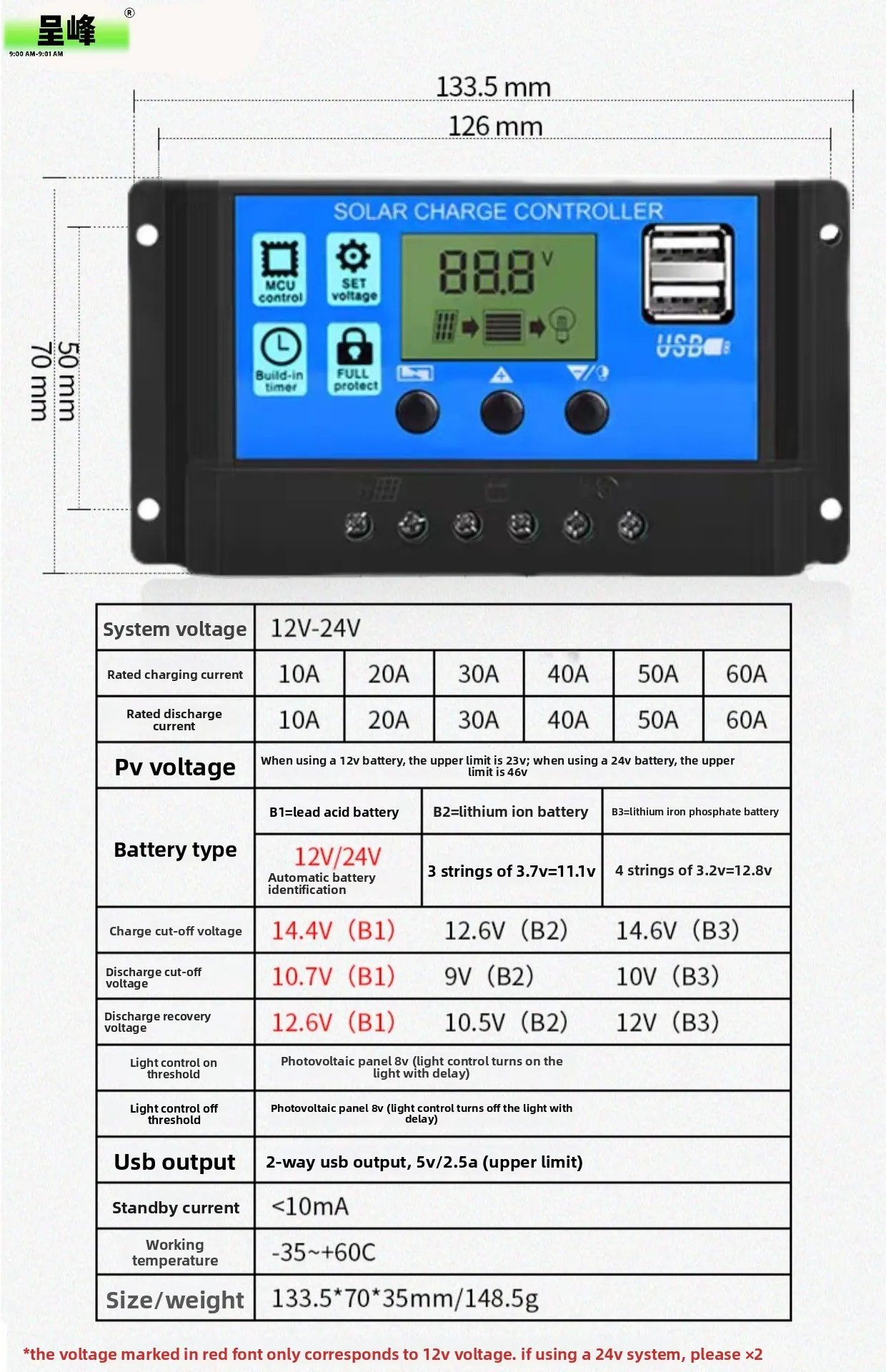 12V/24V 10-30A Fully Automatic Universal Solar Charge Controller for Photovoltaic Panels