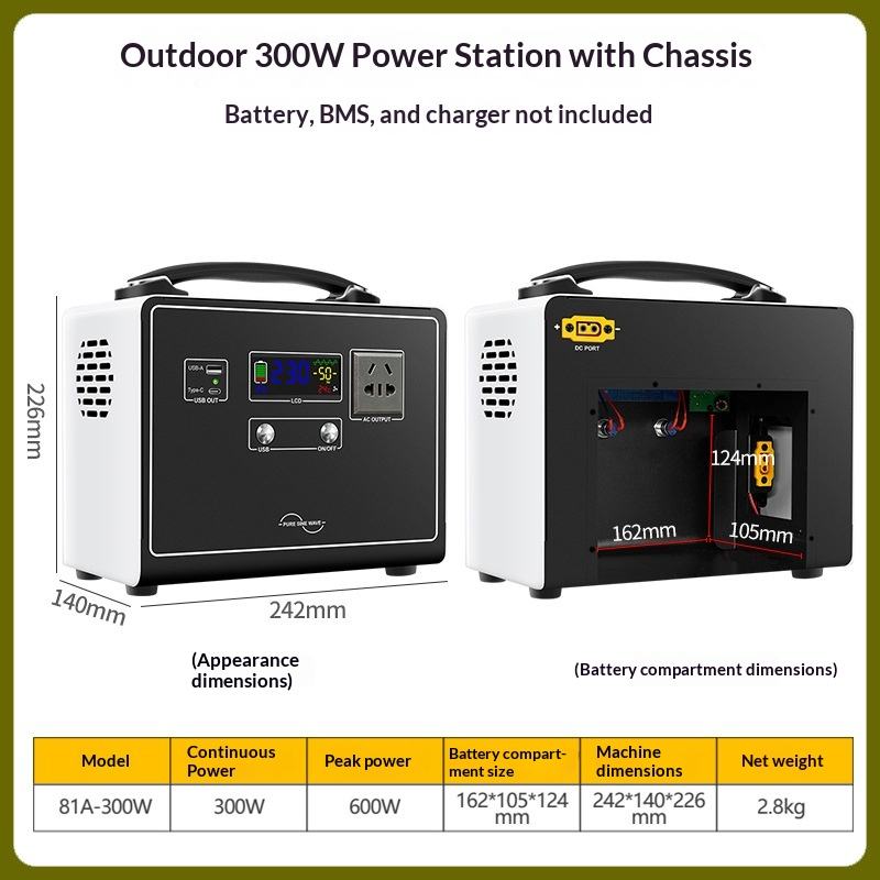 Portable Power Station DIY Kit Pure Sine Wave Inverter 12V/24V to 220V 300W Energy Storage Case for Outdoor Emergency