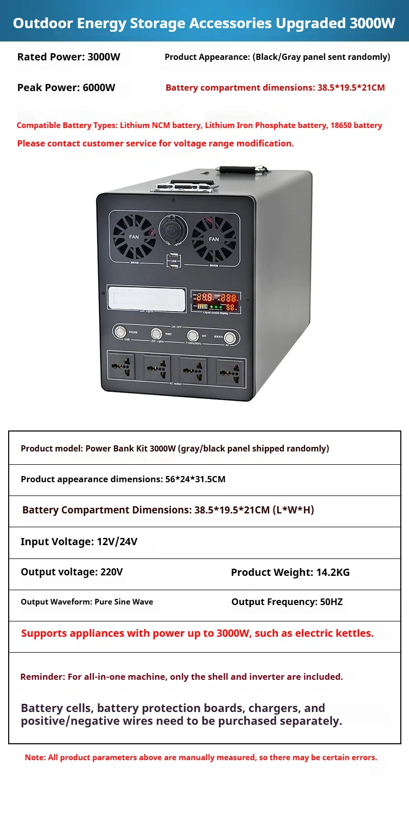1500W Pure Sine Wave Portable Power Station Inverter Kit 12V/24V DC to 220V AC Outdoor Energy Storage Chassis Shell