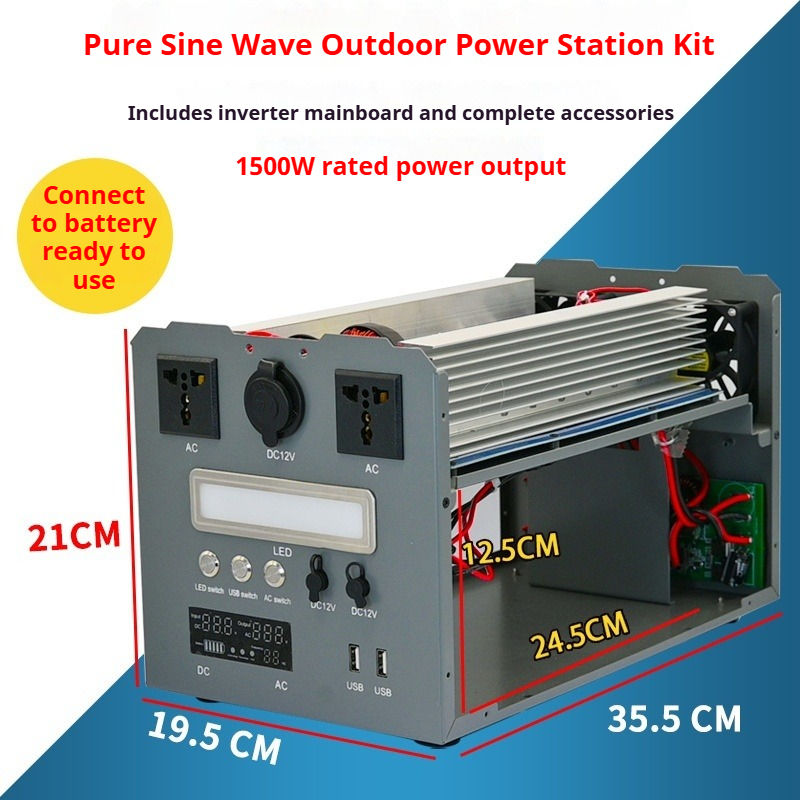 1500W Pure Sine Wave Portable Power Station Inverter Kit 12V/24V DC to 220V AC Outdoor Energy Storage Chassis Shell