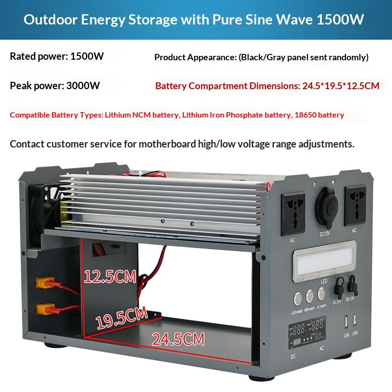 1500W Pure Sine Wave Portable Power Station Inverter Kit 12V/24V DC to 220V AC Outdoor Energy Storage Chassis Shell