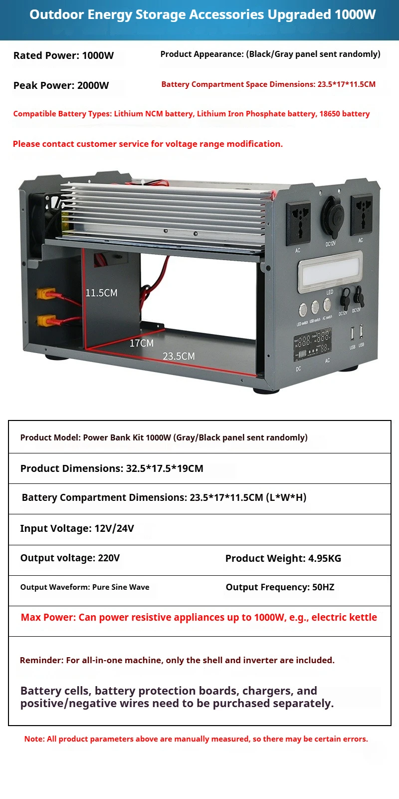 Portable Power Station DIY Kit 1000W Pure Sine Wave Inverter 12V 24V DC to 220V AC Battery Box Outdoor Camping Solar Emergency
