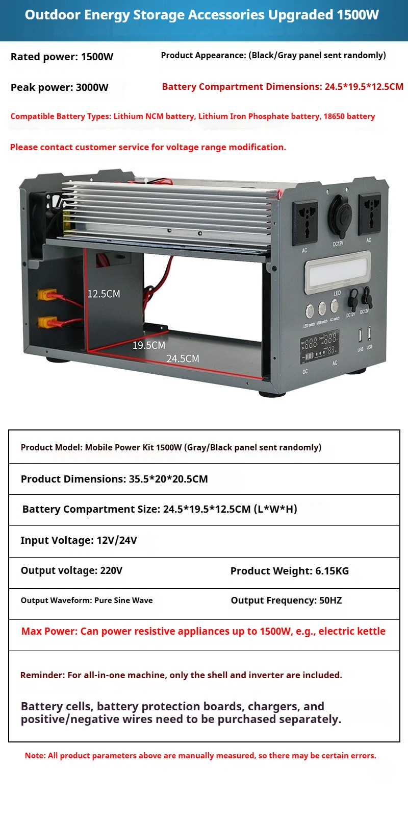 Portable Power Station DIY Kit 1000W Pure Sine Wave Inverter 12V 24V DC to 220V AC Battery Box Outdoor Camping Solar Emergency