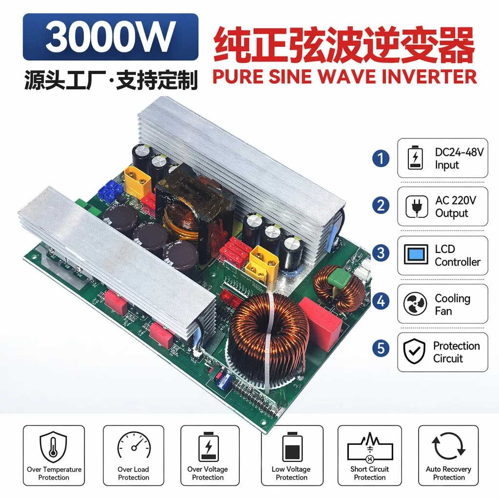 3000W Pure Sine Wave Inverter Board 24V 48V DC to 220V AC PCBA Module for Off-Grid Solar Home RV Power Supply System