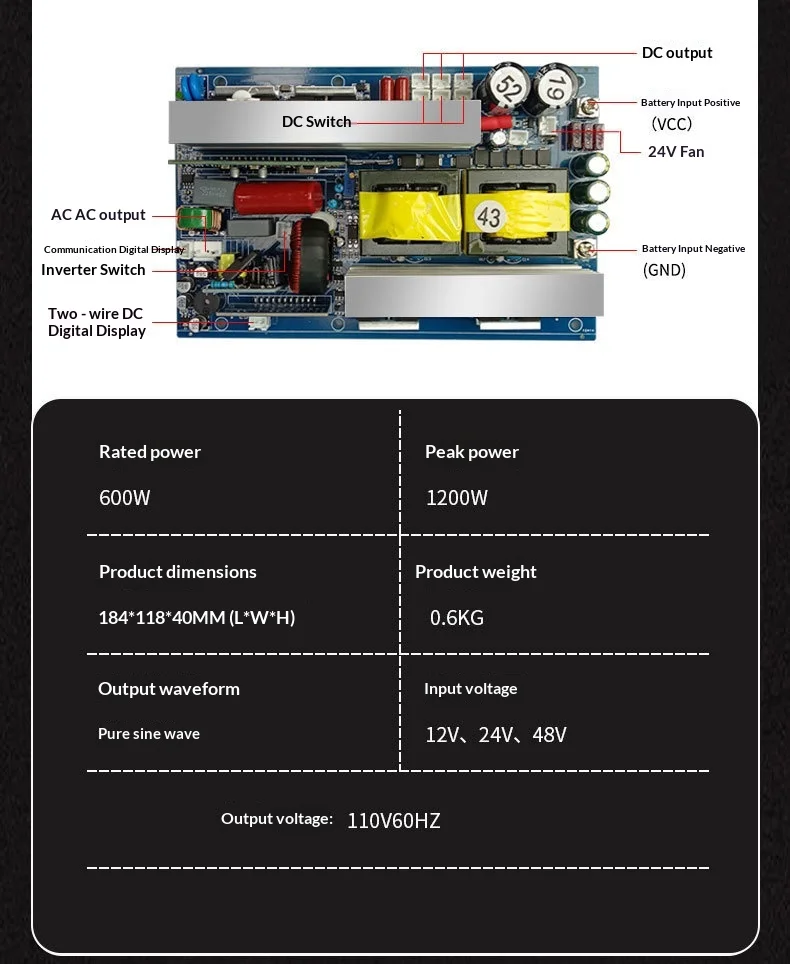 Pure Sine Wave Inverter Board 110V 60Hz DC 12V/24V/48V to AC 300W-2500W Solar Power Inverter PCB for Lithium Battery