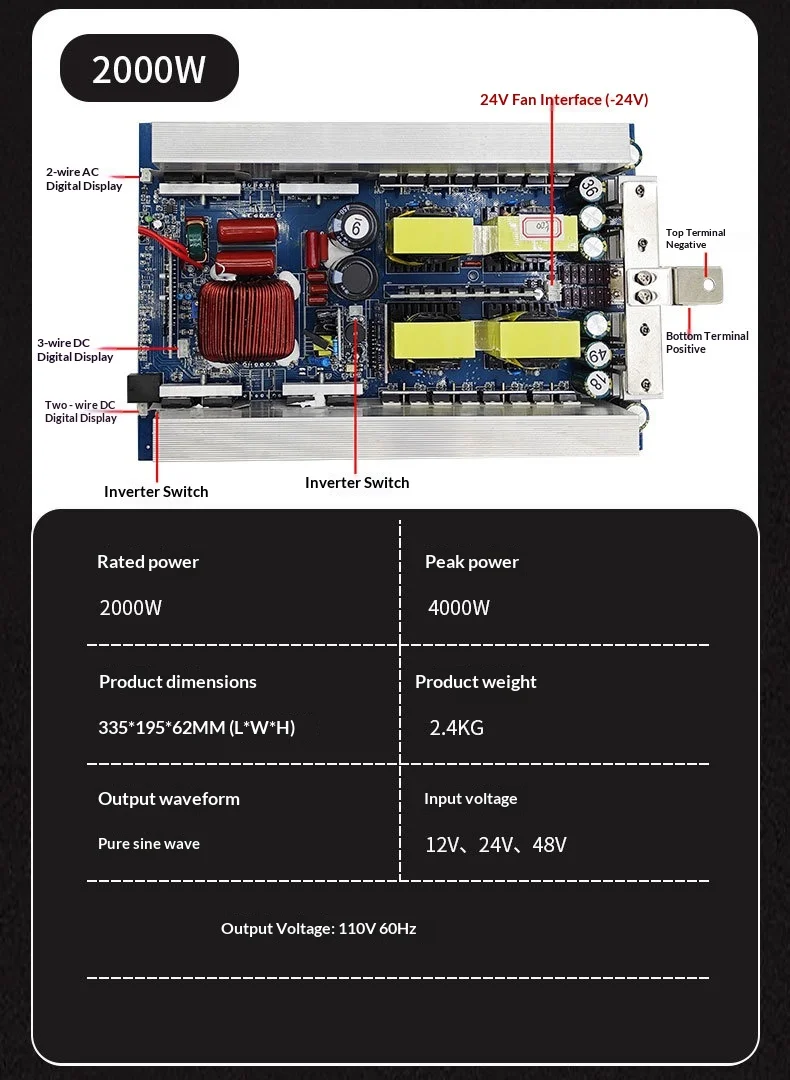 Pure Sine Wave Inverter Board 110V 60Hz DC 12V/24V/48V to AC 300W-2500W Solar Power Inverter PCB for Lithium Battery