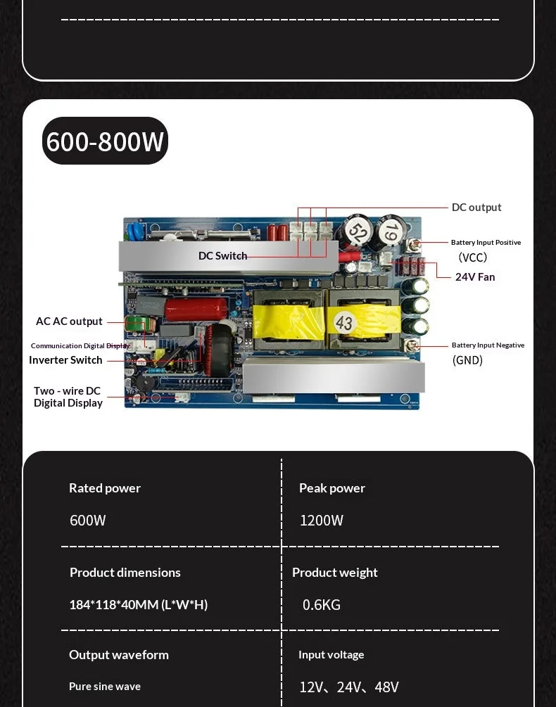 Pure Sine Wave Inverter PCBA 12V 24V to 220V for Camping Power Supply Battery Storage