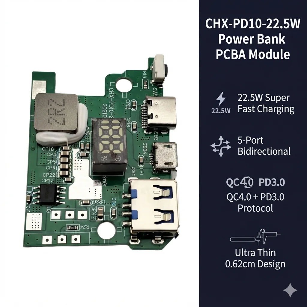 22.5W 5-Port Bidirectional Fast Charging Power Bank PCBA Module DIY Circuit Board QC4.0 PD3.0 Ultra Thin Card Type