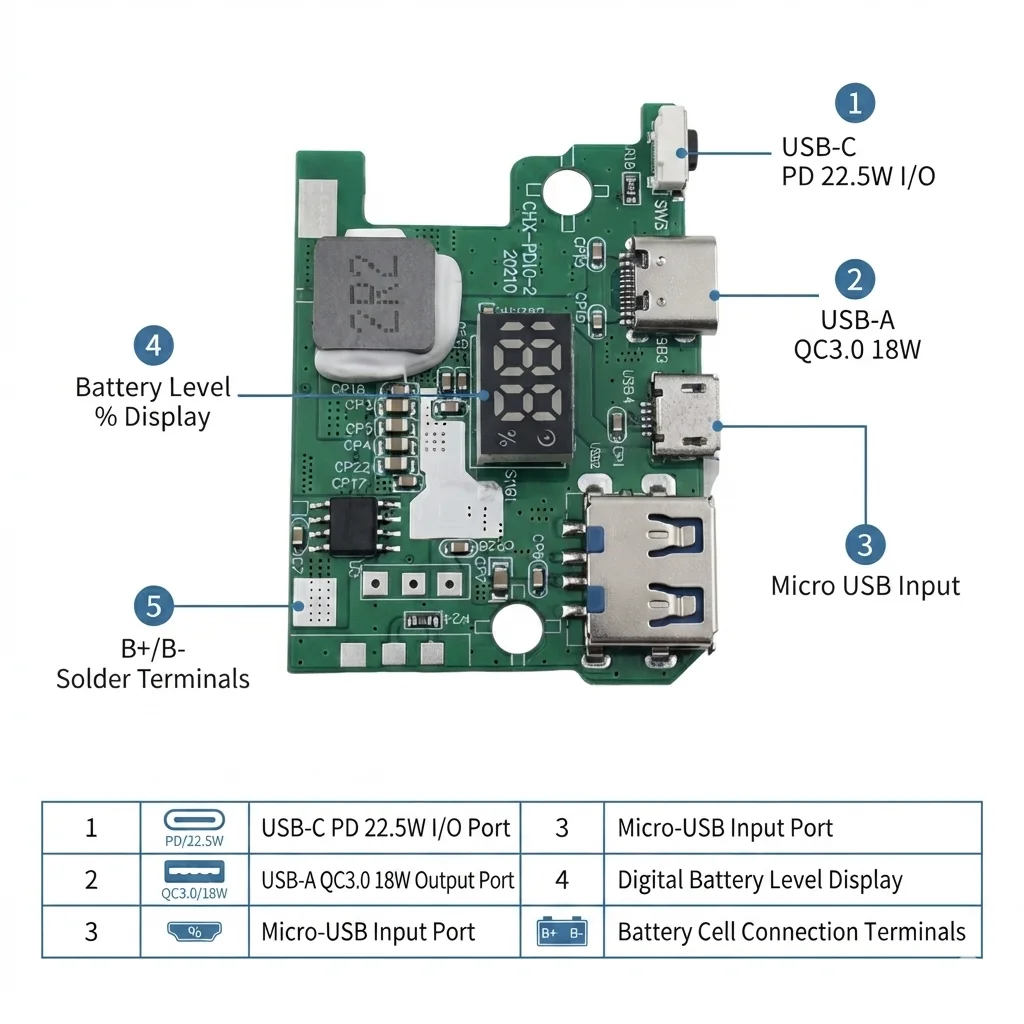 22.5W 5-Port Bidirectional Fast Charging Power Bank PCBA Module DIY Circuit Board QC4.0 PD3.0 Ultra Thin Card Type