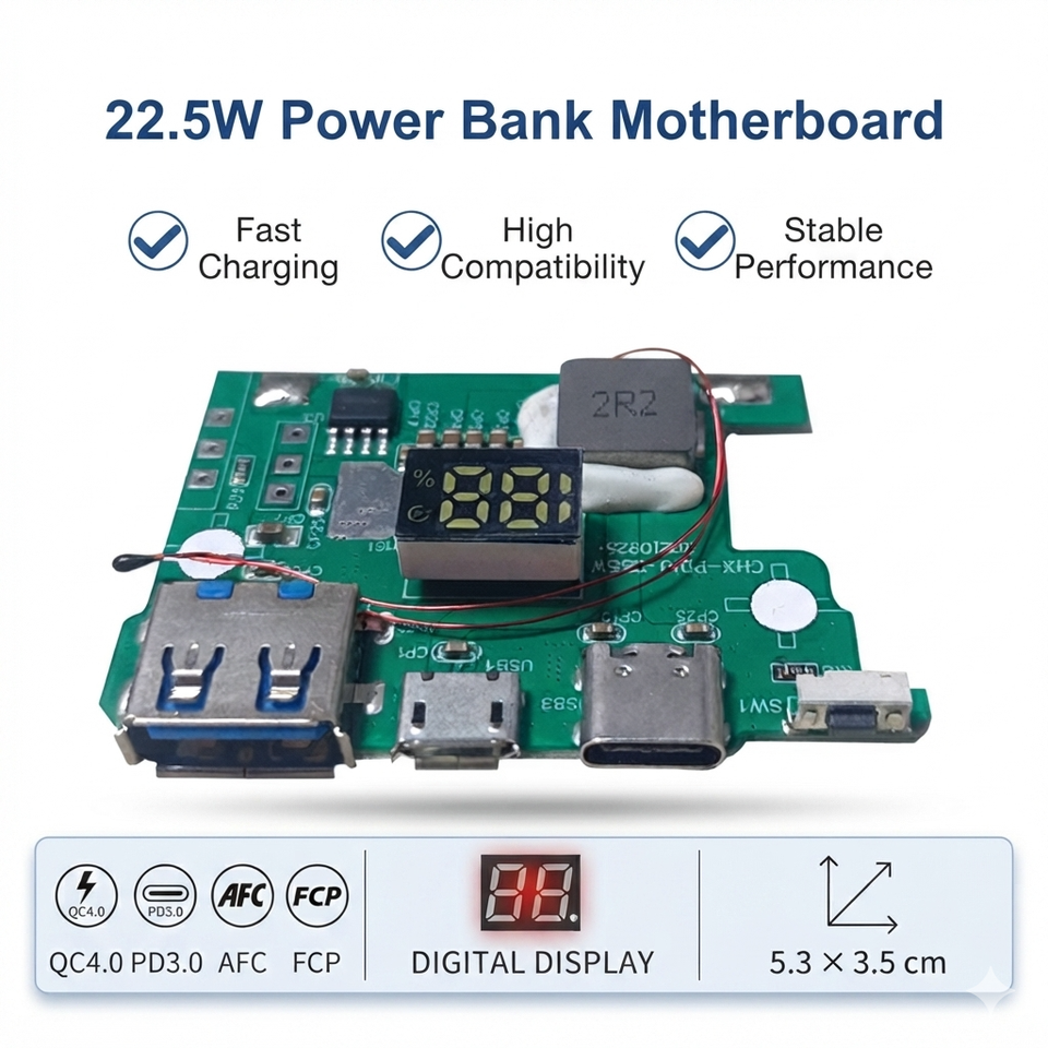 22.5W 5-Port Bidirectional Fast Charging Power Bank PCBA Module DIY Circuit Board QC4.0 PD3.0 Ultra Thin Card Type