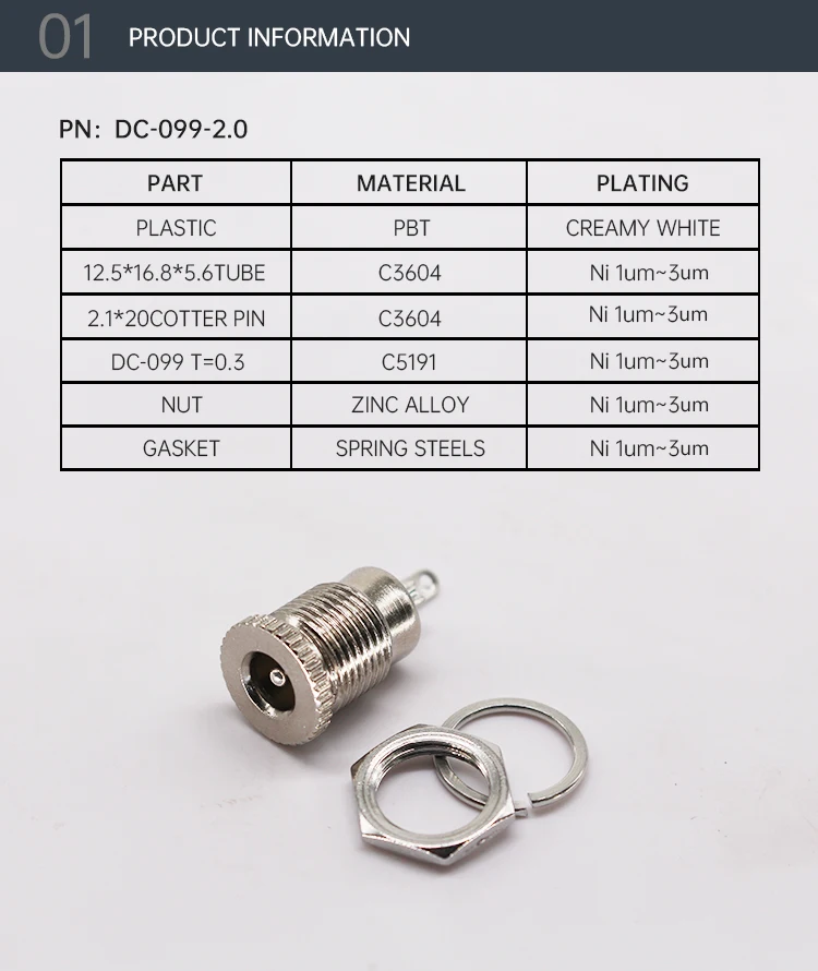 54-00063 DC Power Supply Jack Sockets DC-099 5.5 * 2.1 mm Threaded Metal Charging Sockets Female Panel Mount DC Connectors DC099