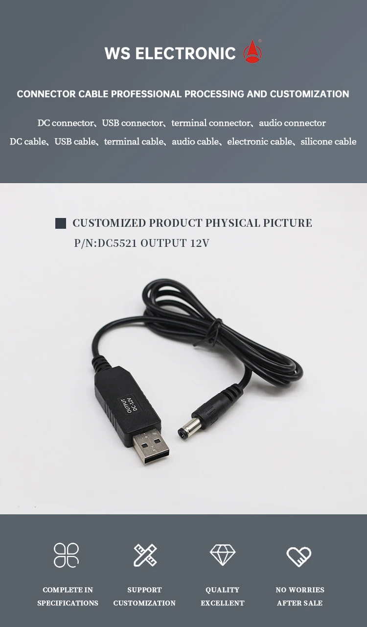 Factory Direct Sale Supply Custom USB Step up 5V to 12V Converter Power Supply DC Cable USB a Male Plug to 5.5*2.1mm Cables