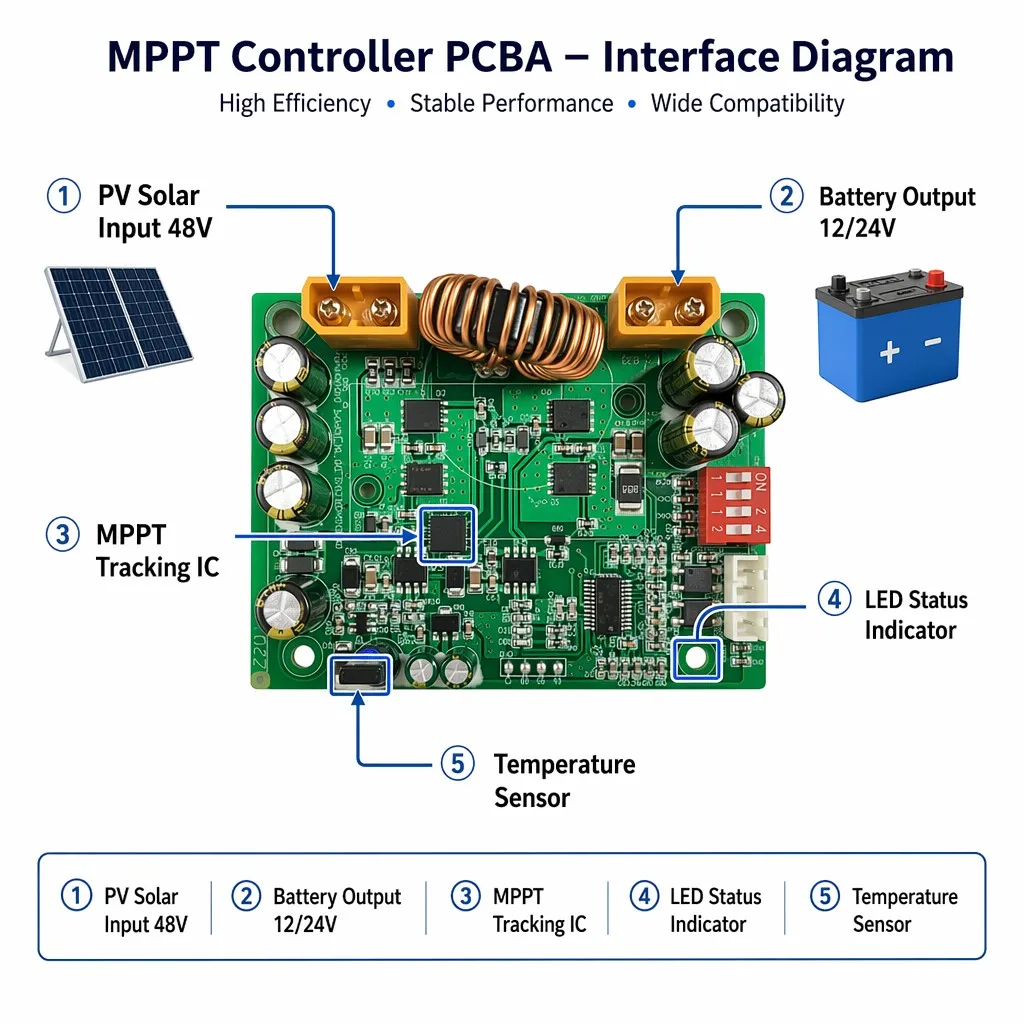 MPPT Solar Charge Controller 10A-60A 12V/24V Smart PV Charging Module PCBA for Off-Grid Solar Panel System with CE RoHS