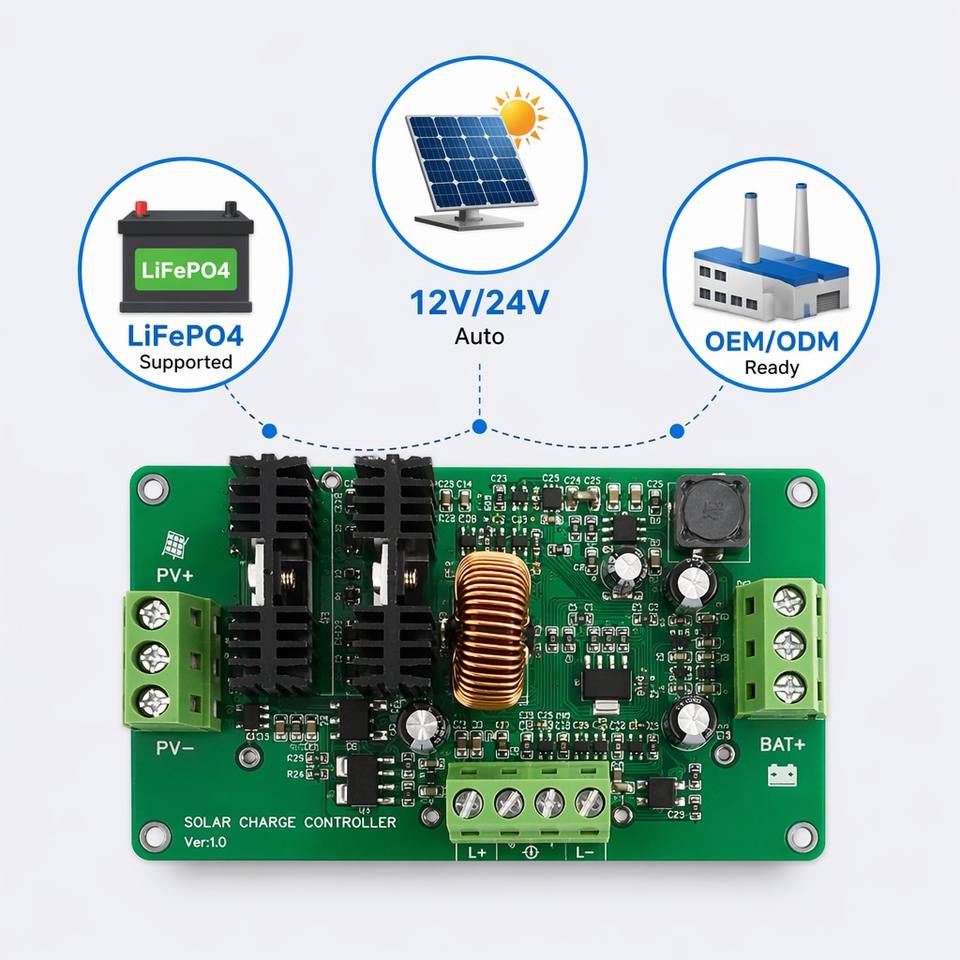 MPPT Solar Charge Controller 10A-60A 12V/24V Smart PV Charging Module PCBA for Off-Grid Solar Panel System with CE RoHS