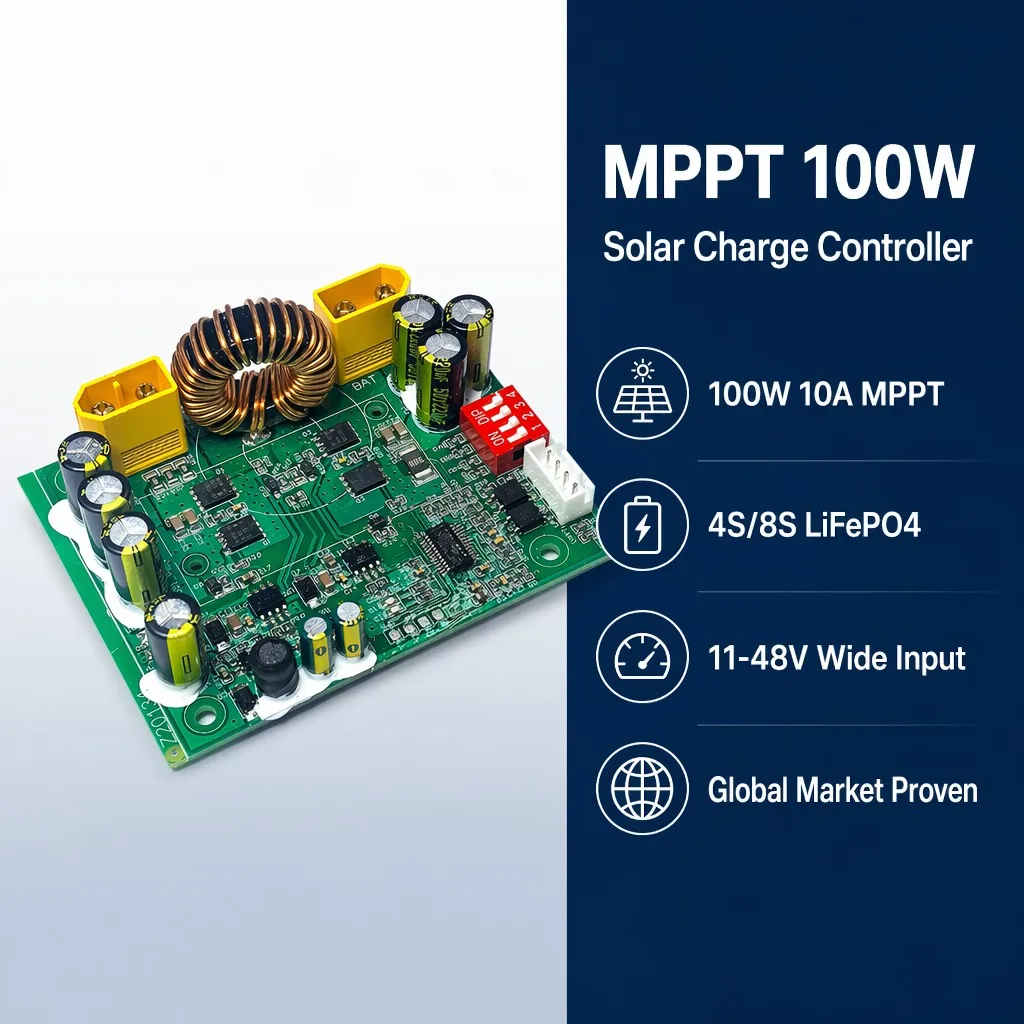 MPPT Smart Solar Charge Controller Module 100W 10A 12V/24V LiFePO4 PCBA for Off-Grid PV System Outdoor Energy Storage