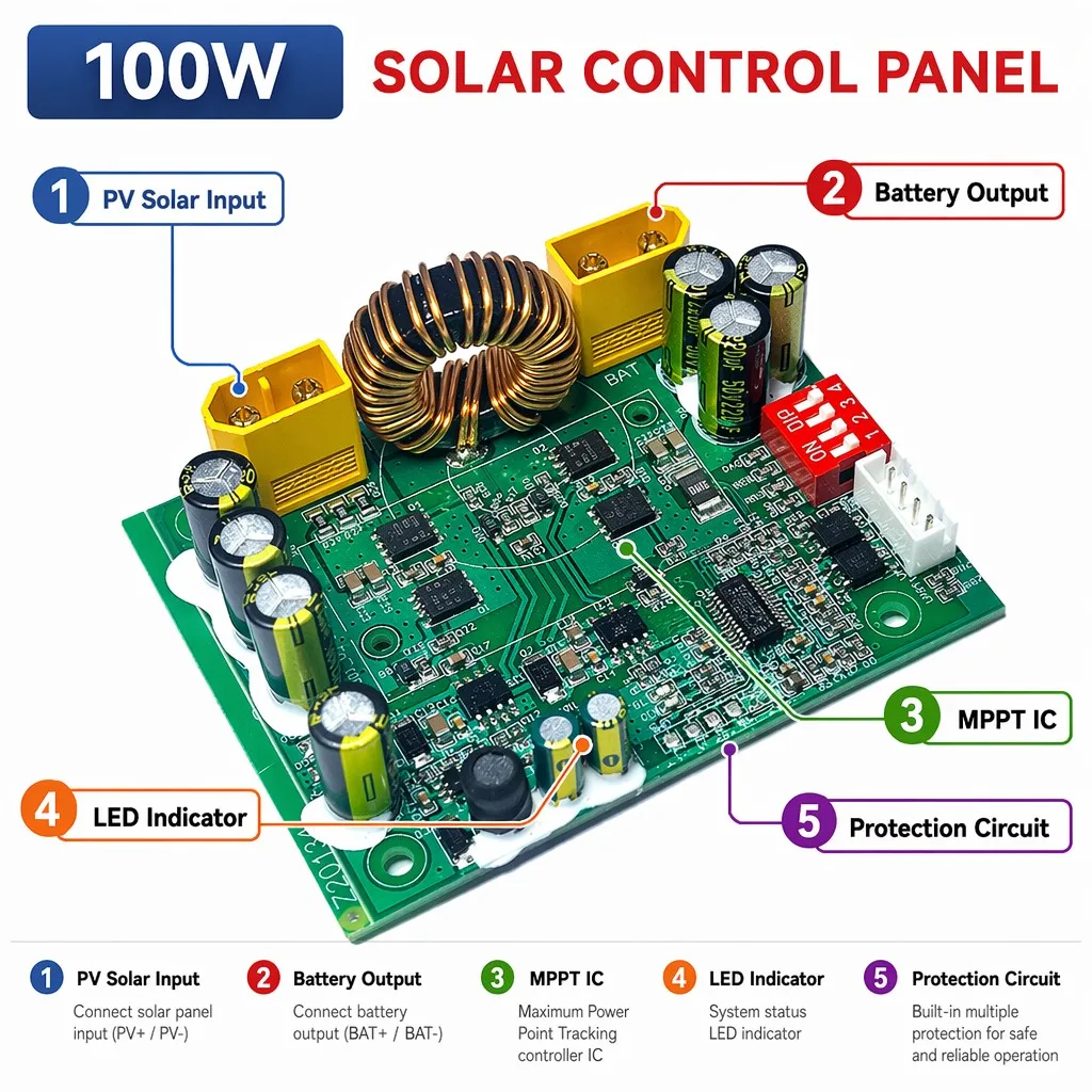 MPPT Smart Solar Charge Controller Module 100W 10A 12V/24V LiFePO4 PCBA for Off-Grid PV System Outdoor Energy Storage