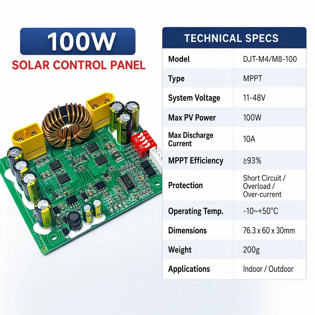 MPPT Smart Solar Charge Controller Module 100W 10A 12V/24V LiFePO4 PCBA for Off-Grid PV System Outdoor Energy Storage