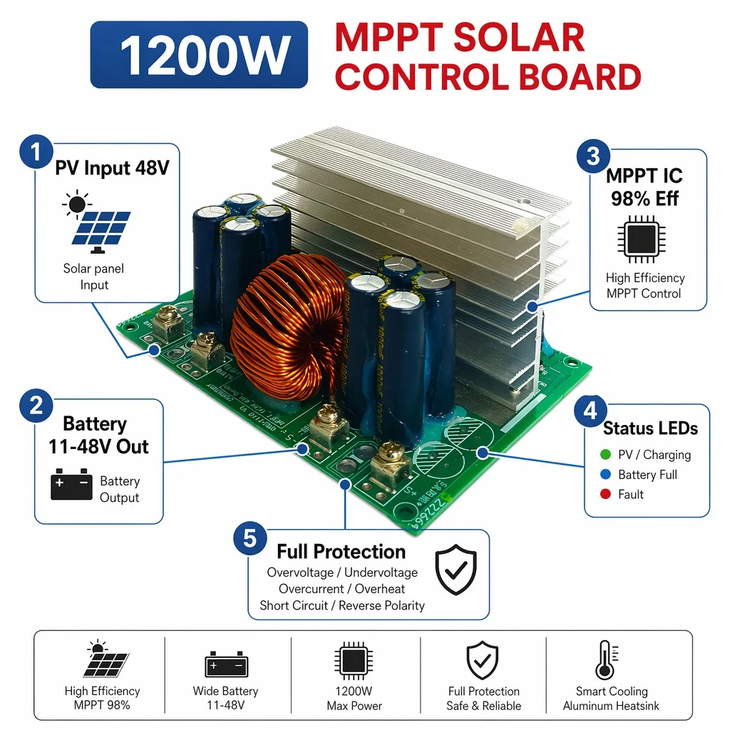 1200W 40A MPPT Solar Charge Controller 12V/24V/48V/60V Auto PCBA with Remote Monitoring for Solar+Storage Home System