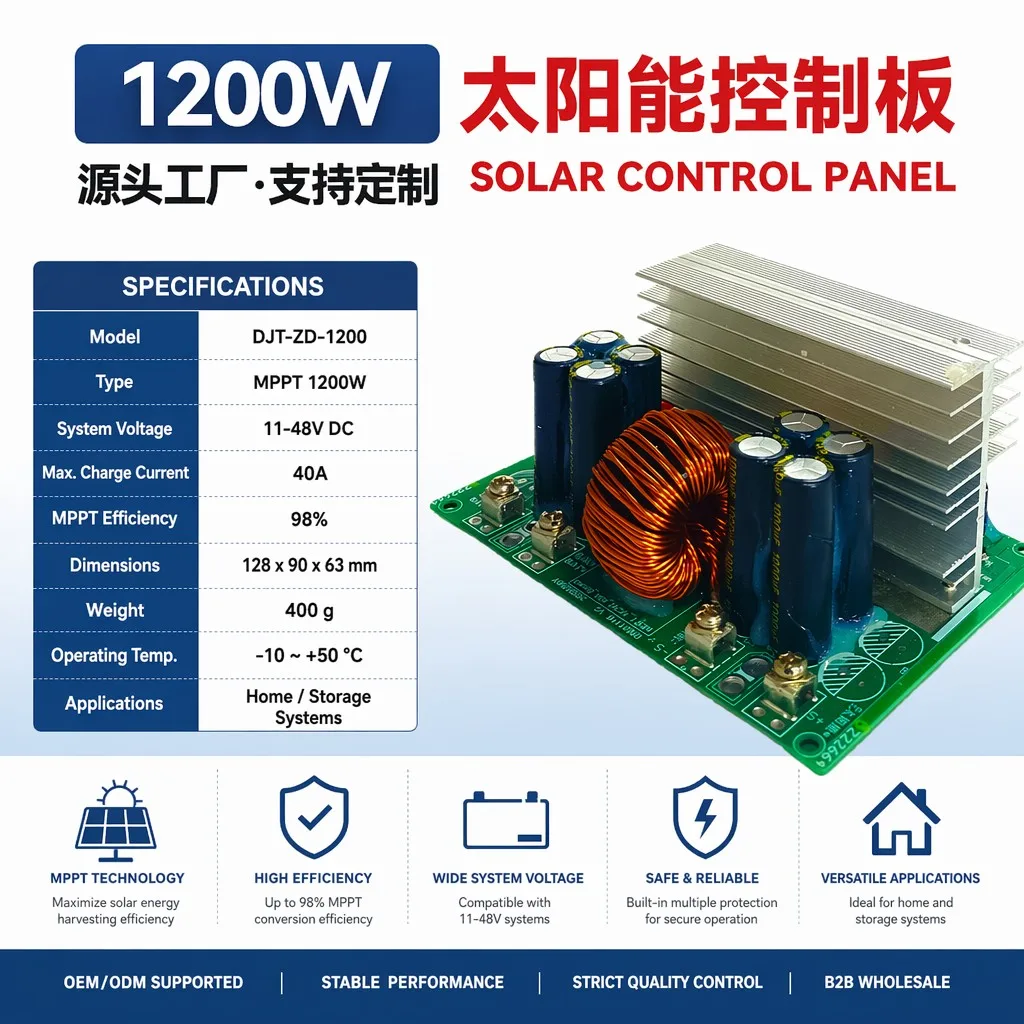 1200W 40A MPPT Solar Charge Controller 12V/24V/48V/60V Auto PCBA with Remote Monitoring for Solar+Storage Home System