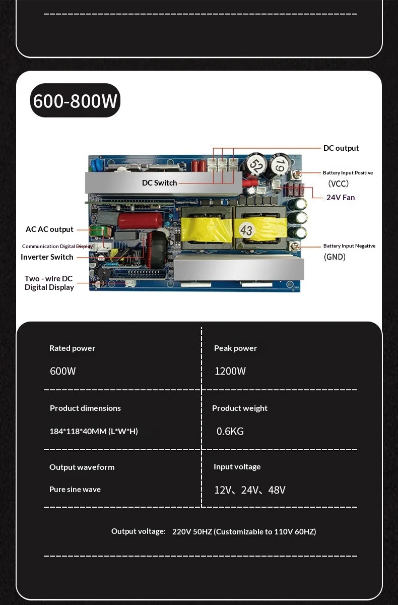 Pure Sine Wave Inverter Main Board 12V 24V 48V to AC 220V High Efficiency 90% for DIY Portable Power Station Solar Camping Drive