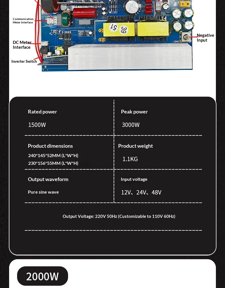 Pure Sine Wave Inverter Main Board 12V 24V 48V to AC 220V High Efficiency 90% for DIY Portable Power Station Solar Camping Drive