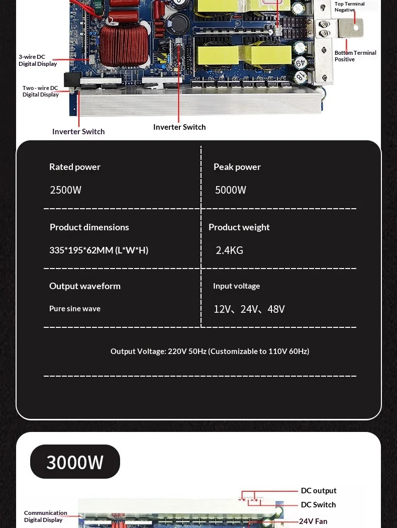 Pure Sine Wave Inverter Main Board 12V 24V 48V to AC 220V High Efficiency 90% for DIY Portable Power Station Solar Camping Drive