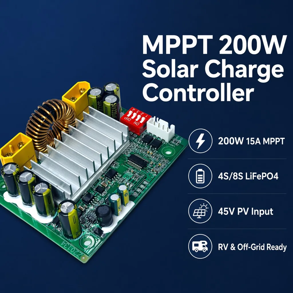 200W MPPT Solar Charge Controller Module 15A 12V/24V Smart PV Charging PCBA for LiFePO4 RV Camper Off-Grid Solar Power System