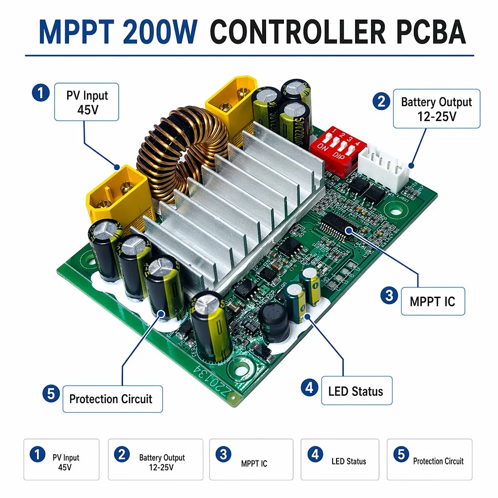 200W MPPT Solar Charge Controller Module 15A 12V/24V Smart PV Charging PCBA for LiFePO4 RV Camper Off-Grid Solar Power System