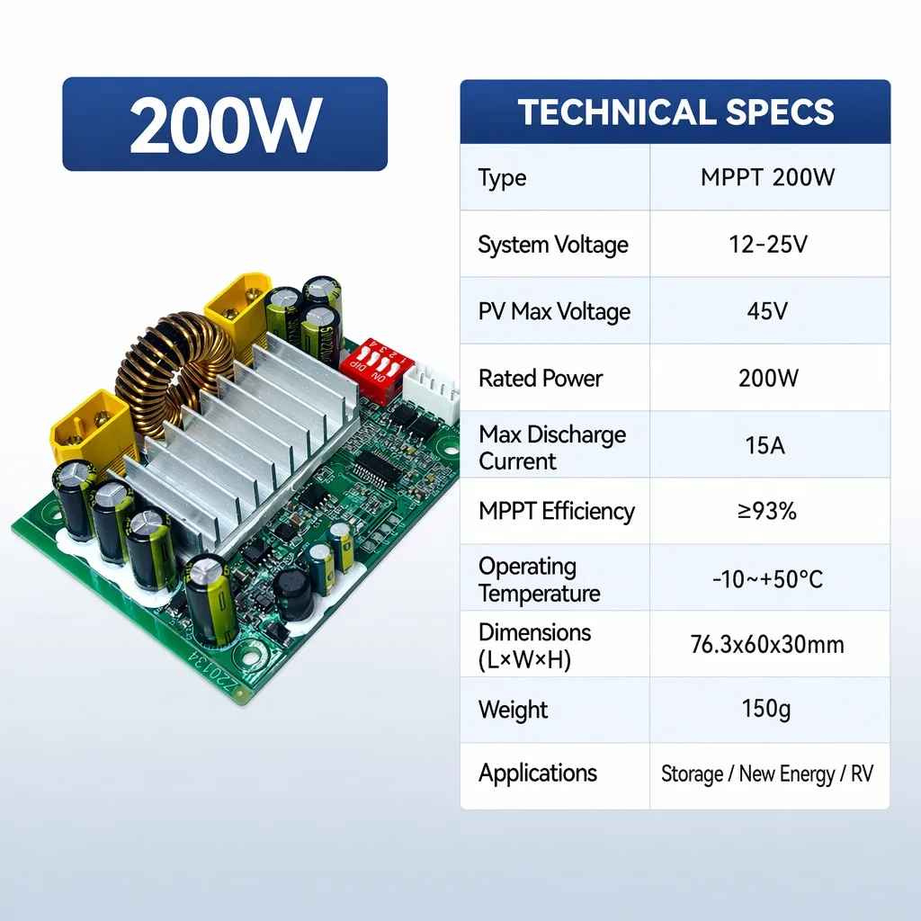 200W MPPT Solar Charge Controller Module 15A 12V/24V Smart PV Charging PCBA for LiFePO4 RV Camper Off-Grid Solar Power System