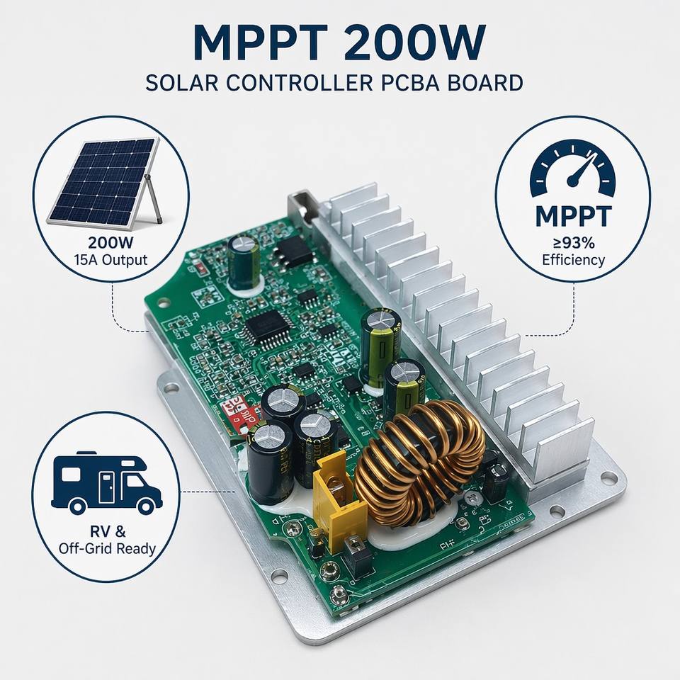 200W MPPT Solar Charge Controller Module 15A 12V/24V Smart PV Charging PCBA for LiFePO4 RV Camper Off-Grid Solar Power System