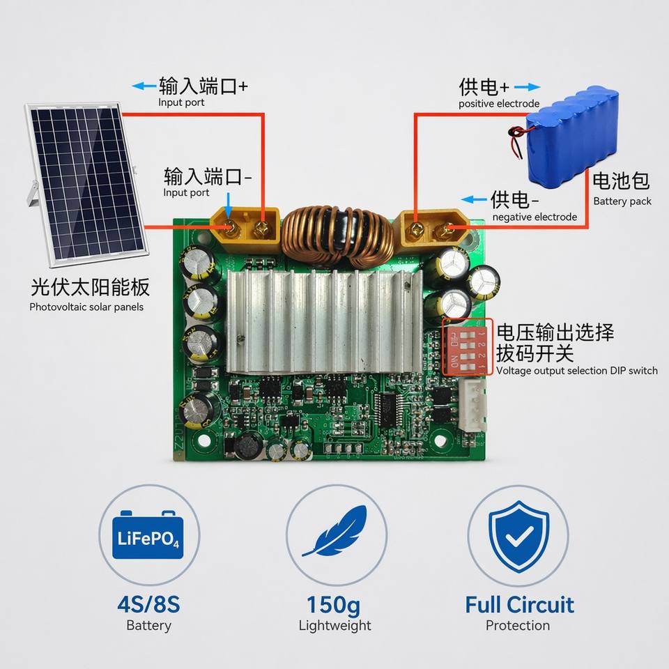 200W MPPT Solar Charge Controller Module 15A 12V/24V Smart PV Charging PCBA for LiFePO4 RV Camper Off-Grid Solar Power System