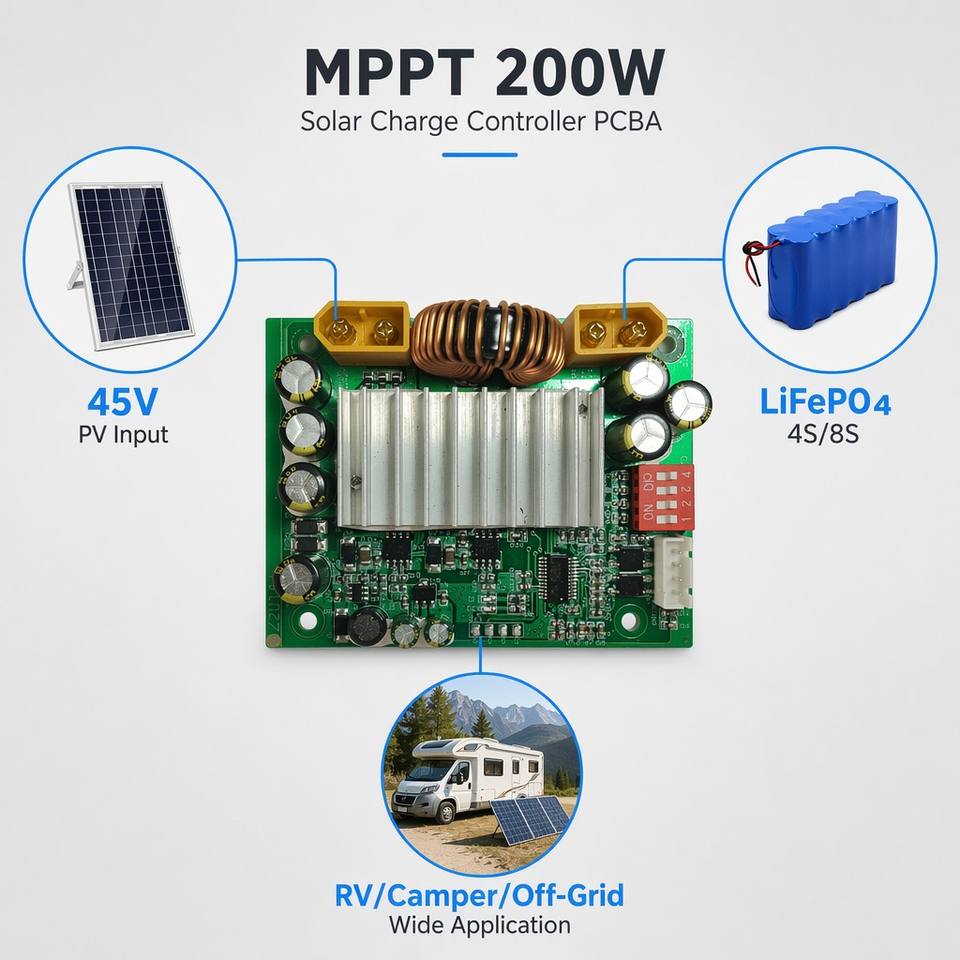 200W MPPT Solar Charge Controller Module 15A 12V/24V Smart PV Charging PCBA for LiFePO4 RV Camper Off-Grid Solar Power System