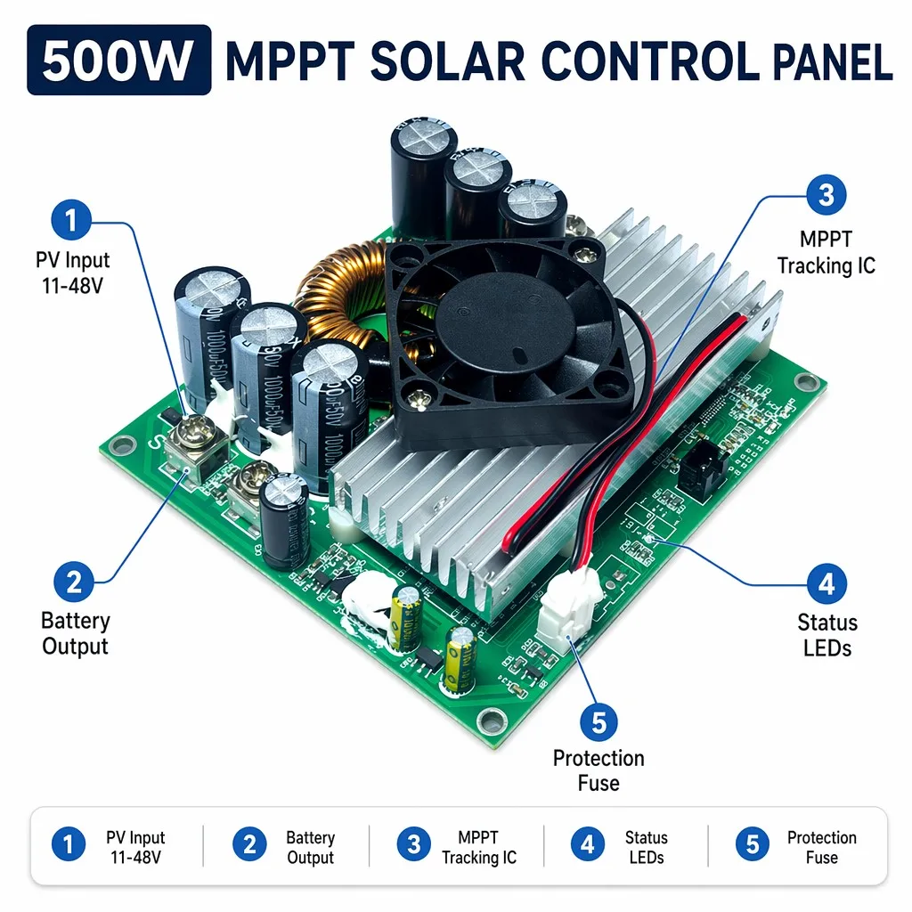 500W MPPT Solar Charge Controller Module 20A 12V/24V/48V Smart PV Charging PCBA for LiFePO4 Battery Off-Grid Solar Power System