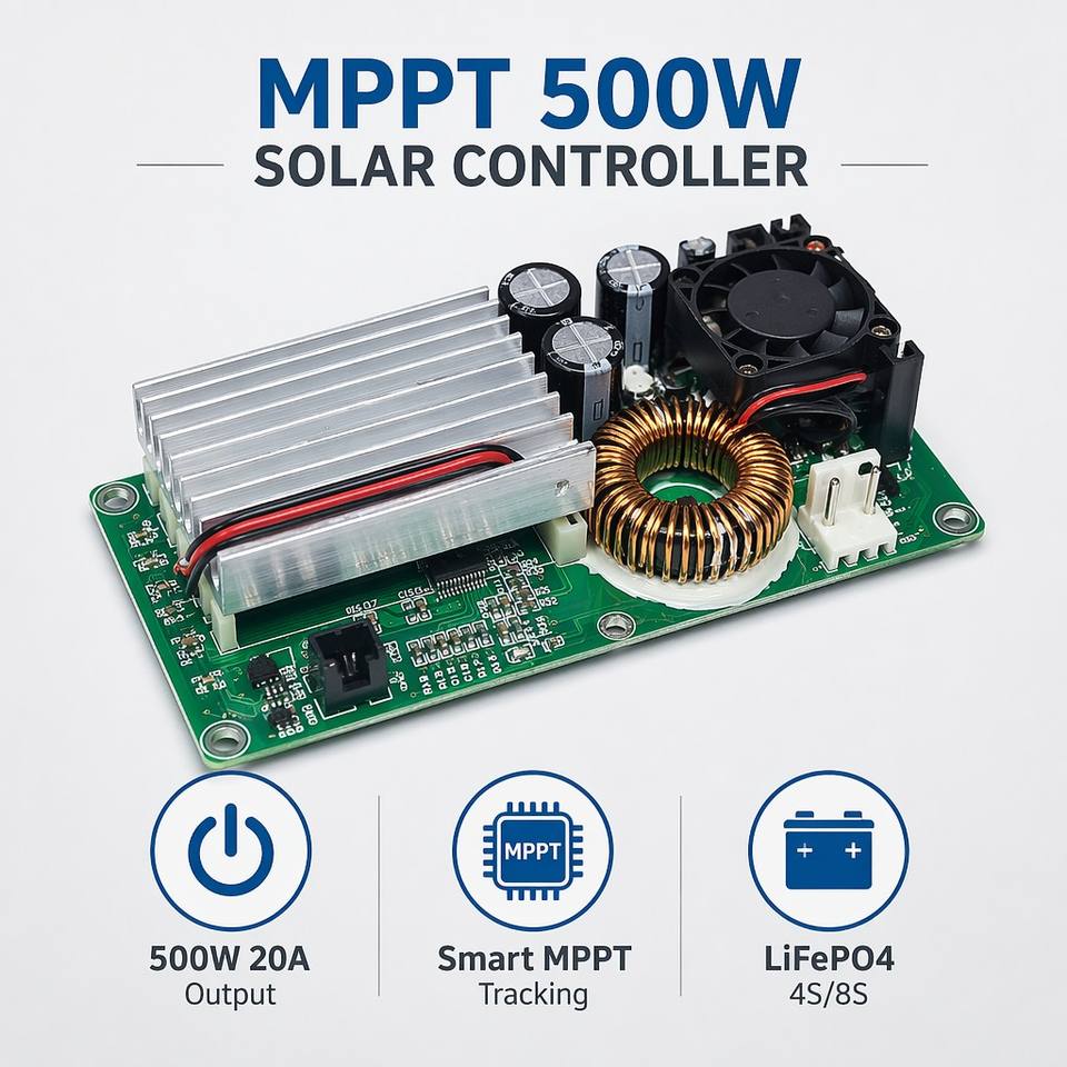 500W MPPT Solar Charge Controller Module 20A 12V/24V/48V Smart PV Charging PCBA for LiFePO4 Battery Off-Grid Solar Power System