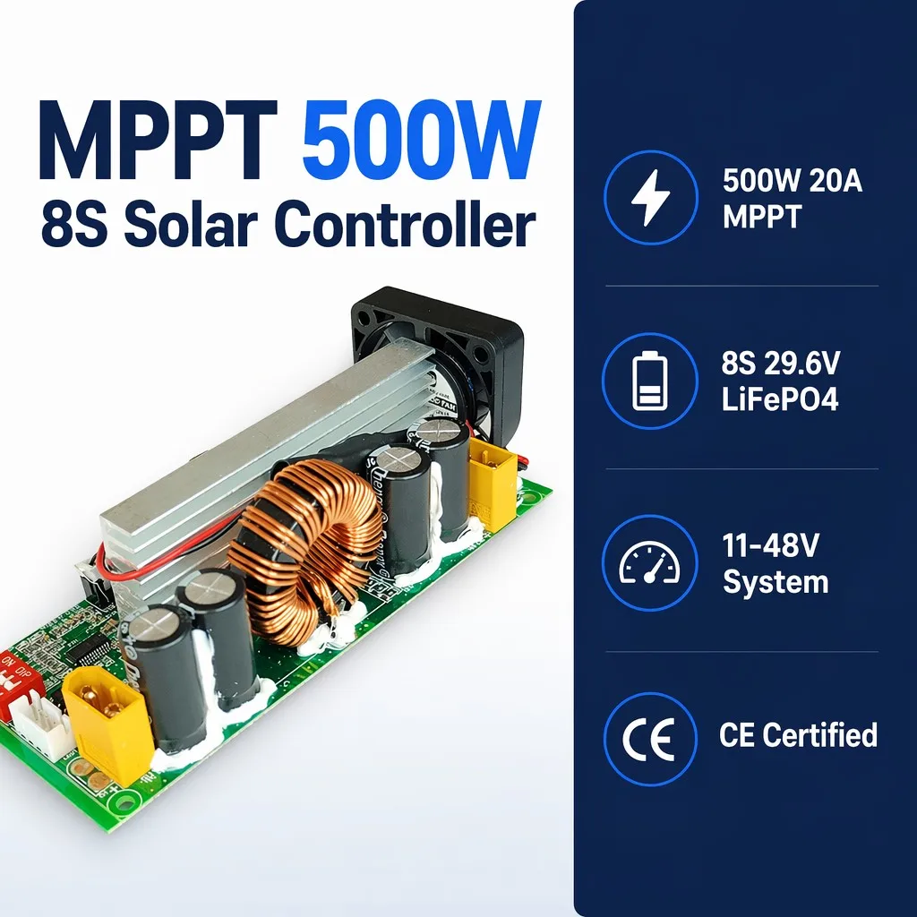 500W MPPT Solar Charge Controller Module 20A 12V 24V 48V Smart PV Charging PCBA for 8S LiFePO4 Battery Off-Grid Power System