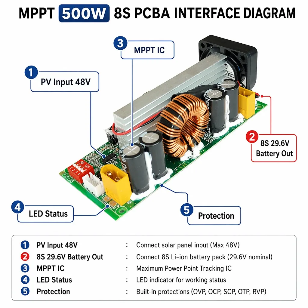 500W MPPT Solar Charge Controller Module 20A 12V 24V 48V Smart PV Charging PCBA for 8S LiFePO4 Battery Off-Grid Power System