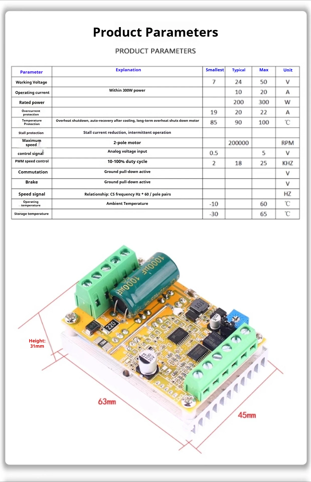 High Power BLDC 3-Phase DC Brushless Motor Controller 380W 1000W 1500W PWM Motor Driver Board with/without Hall Sensor