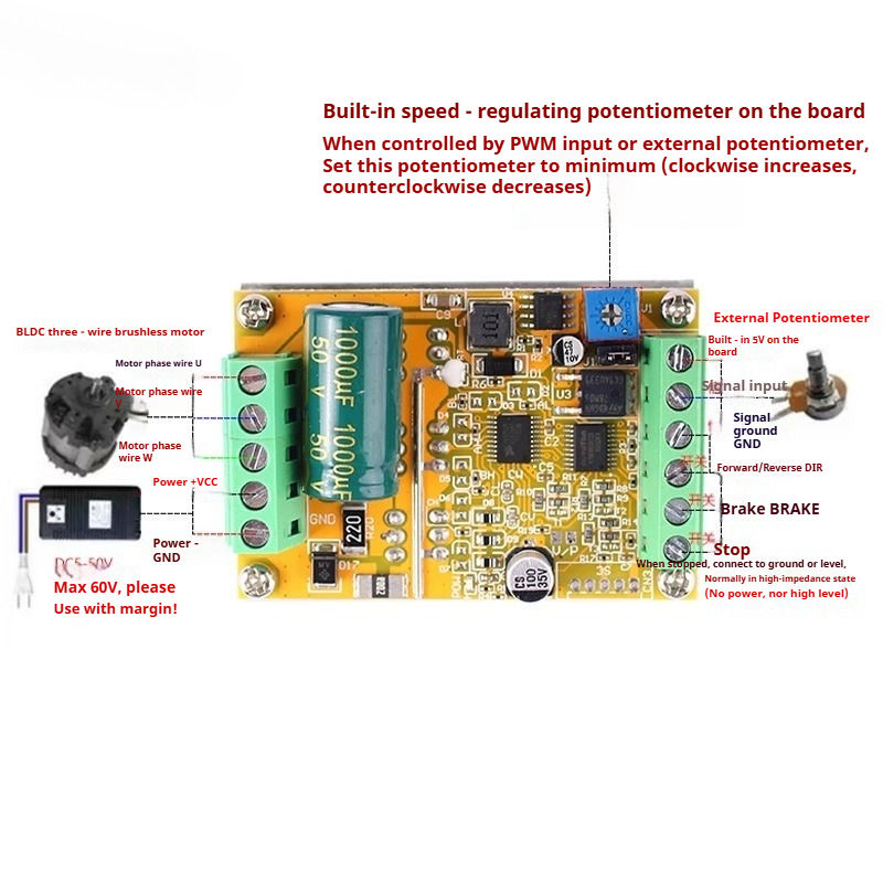 High Power BLDC 3-Phase DC Brushless Motor Controller 380W 1000W 1500W PWM Motor Driver Board with/without Hall Sensor