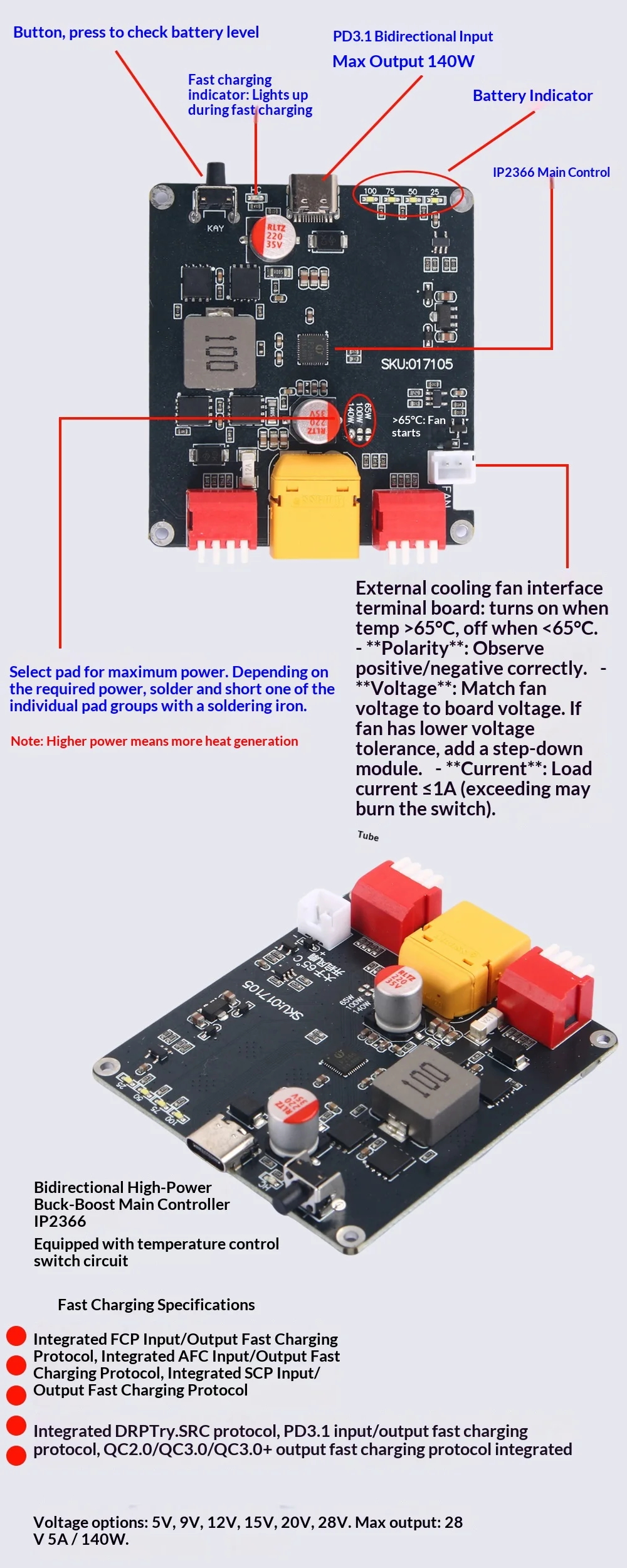 IP2366 140W Bidirectional Fast Charging Module 2-6S Li-ion LiFePO4 Battery Charger Board PD 3.1 28V 5A High Power Buck-Boost