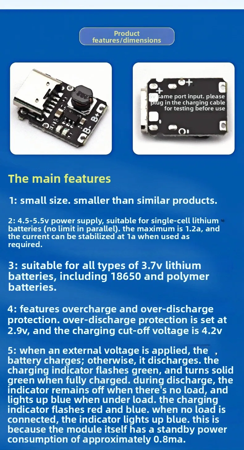 5V Charge-Discharge Integrated Module 37V/42V 18650 Lithium Battery Charging Boost Power Board Protection Type-C Port