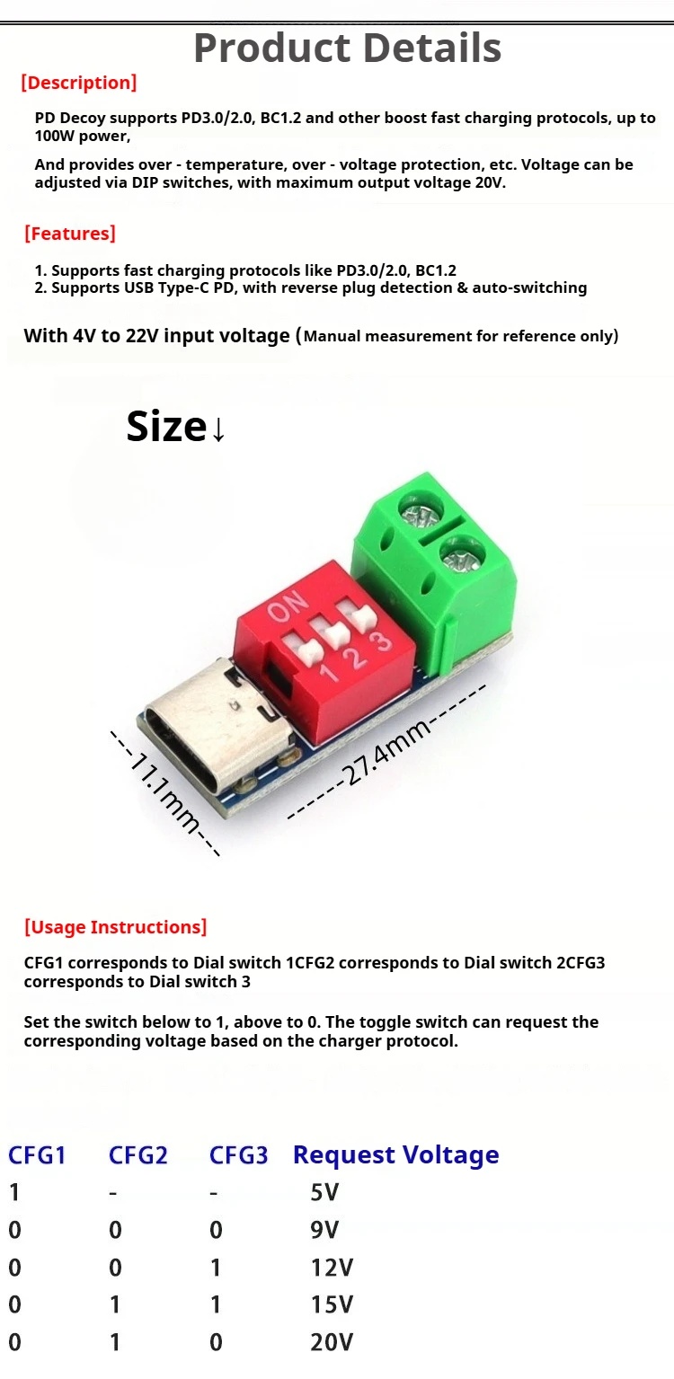 PD QC AFC Fast Charge Trigger Detector Module 5V 9V 12V 15V 20V Fixed Voltage Output Type-C Male to Female PD Sink PCBA Board