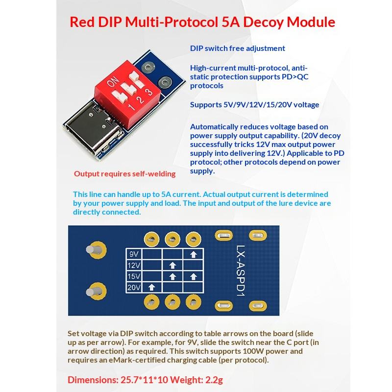 5A Multi-Protocol PD QC Fast Charge Trigger Module DC 5V-20V Adjustable Voltage Sink PCBA for LED Power Supply Stability Test