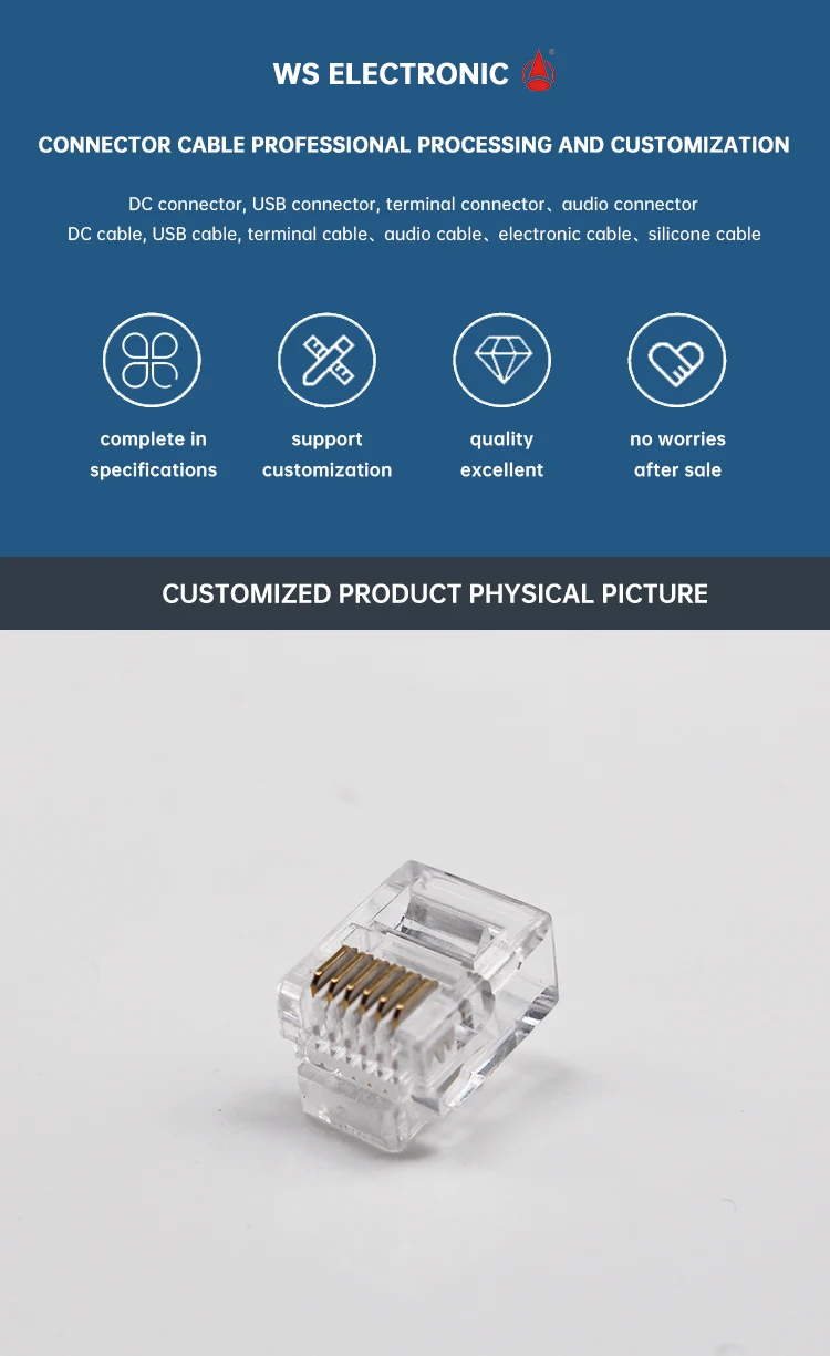RJ11 Male Connectors 6P4C 6P6C for Telephone Cable Ethernet UTP Plug Rj45 Female Connectors Chinese Professional Factory