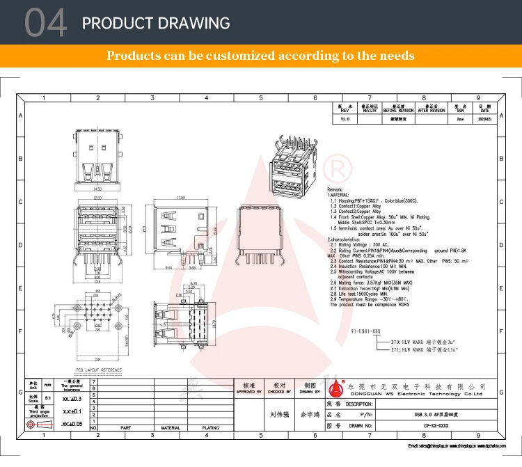 Good Quality PCB USB a Male Connectors 3.0 Type-A Dual Port Female Jack 90 Degree USB a Type Female Sockets for Computer