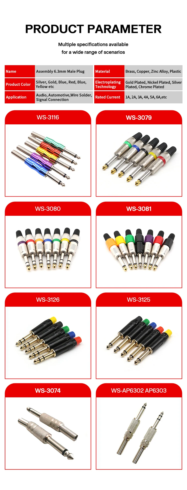 Professional Grade Musical Instruments Accessories TRS TS 1/4 Inch 6.5mm Stereo Jack 6.5mm Male Plug 6.3mm 6.35mm Connectors