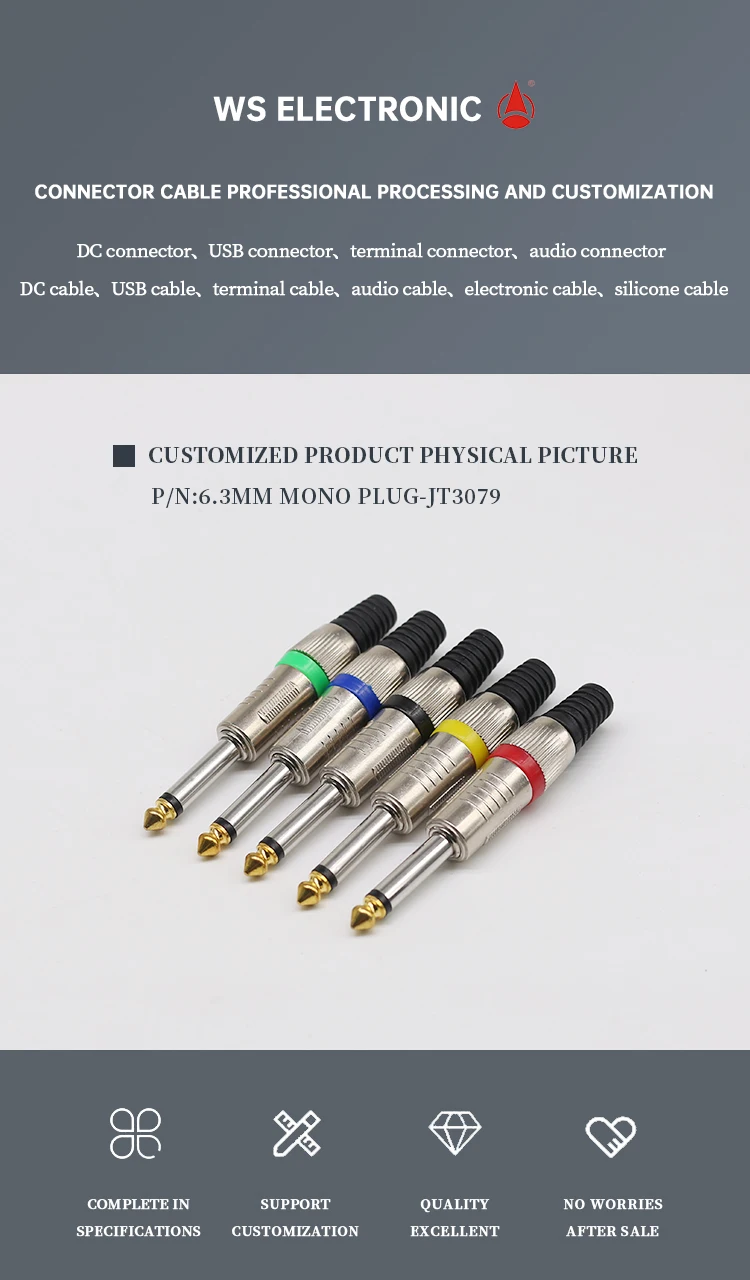 Factory Hot Sale Nickel-Plated Knurled Headset 6.35mm Small Two-Core Plugs 6.3mm Mono Audio Cable Connectors for Amplifier Cable
