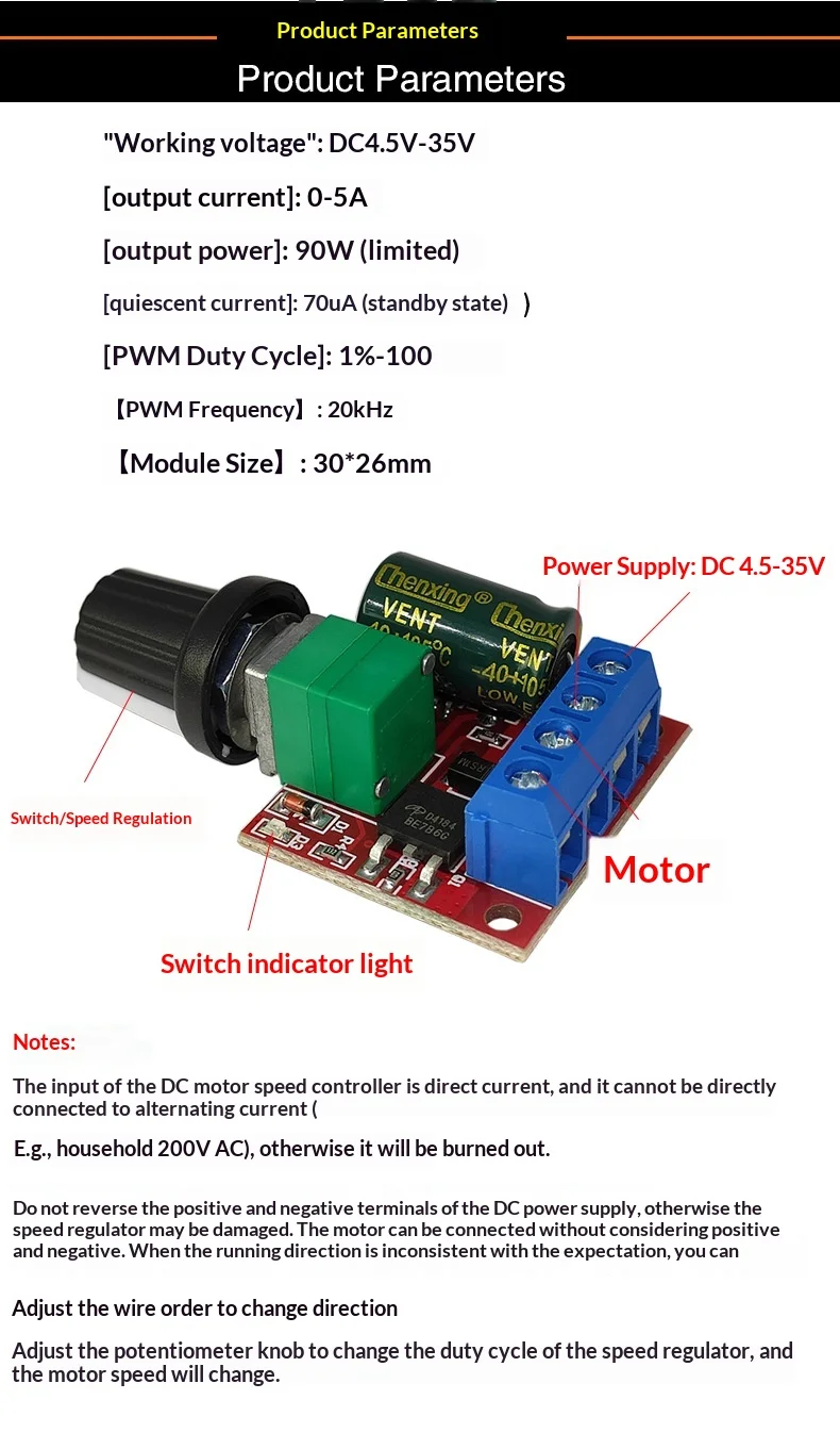 PWM DC Motor Speed Controller 3V 12V 24V 35V 5A Adjustable Voltage Regulator Switch Module with LED Dimmer Function PCBA Board