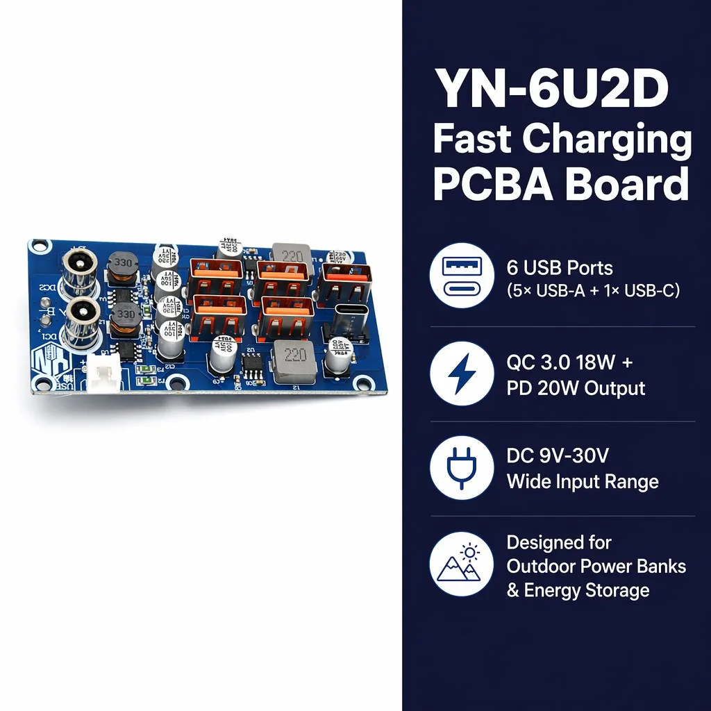 6-Port USB Fast Charging PCBA Board QC3.0 18W PD 20W Power Bank Module Circuit PCB FR-4 DC 9-30V for Outdoor Energy Storage