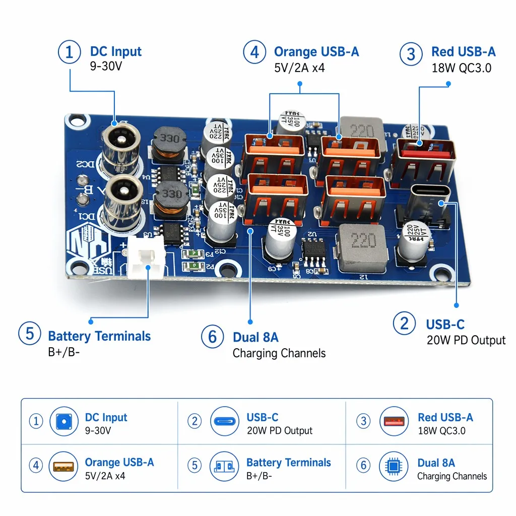 6-Port USB Fast Charging PCBA Board QC3.0 18W PD 20W Power Bank Module Circuit PCB FR-4 DC 9-30V for Outdoor Energy Storage