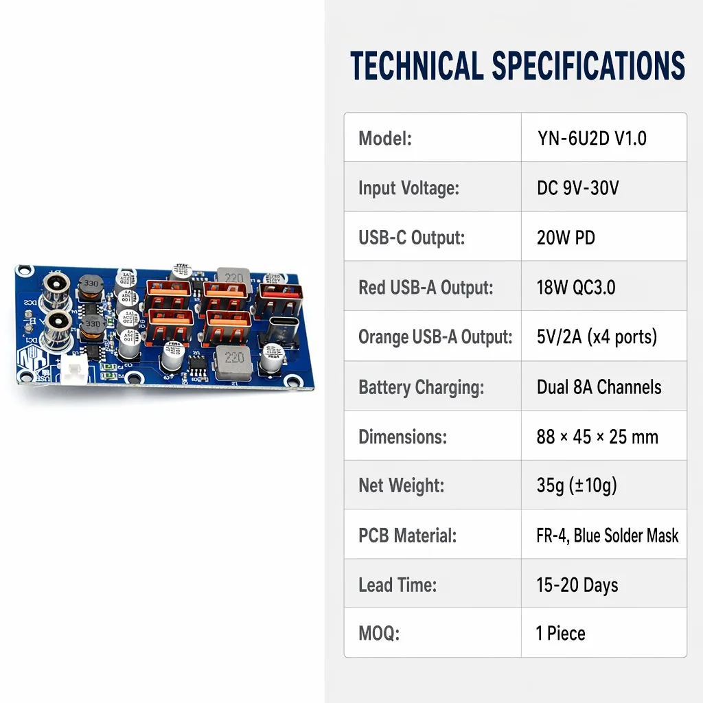 6-Port USB Fast Charging PCBA Board QC3.0 18W PD 20W Power Bank Module Circuit PCB FR-4 DC 9-30V for Outdoor Energy Storage